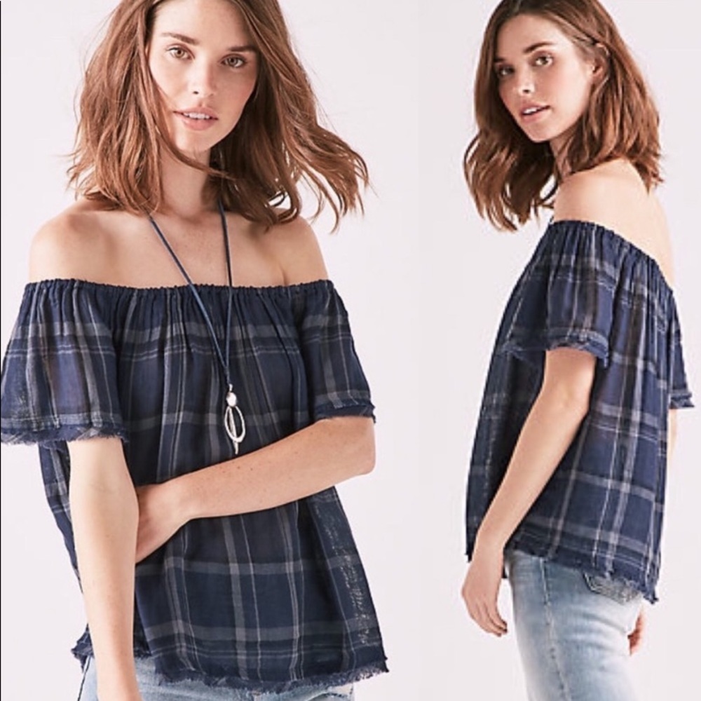 NWT Lucky Brand off shoulder blue plaid top - Picture 1 of 5
